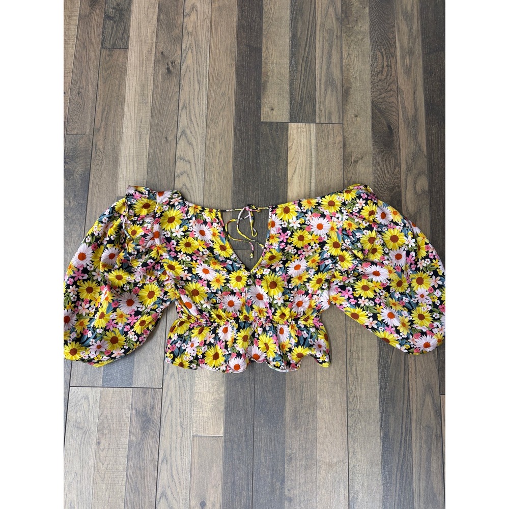 For Love & Lemons‎ Floral Puff Sleeve Crop Top Yellow Pink Sunflower Size M